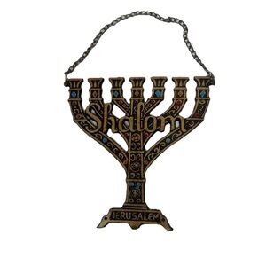Vintage Brass Shalom Menorah Wall Plaque